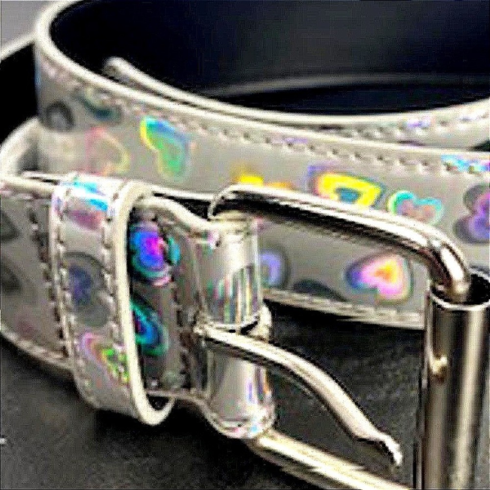 Silver Holographic Hearts‎ Belt Size L Iridescent Y2K Silver Tone Buckle 41in